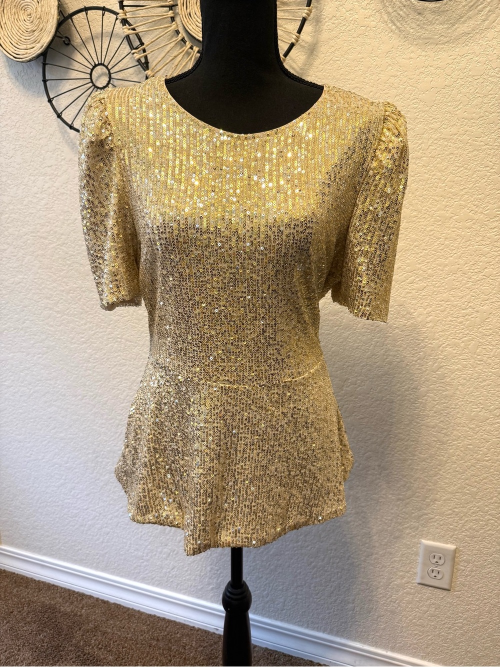 Gold Sequin Peplum Top - Women's Sparkle Blouse SZ L - Never Worn